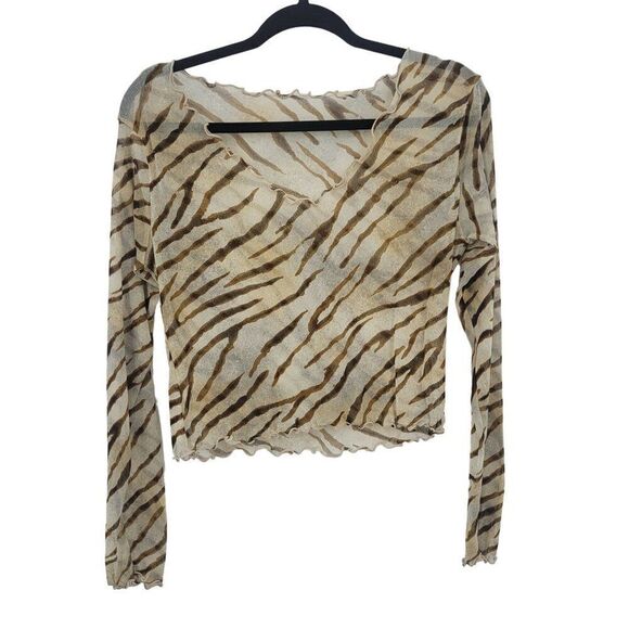 Vintage Y2K Sheer Zebra Print Long Sleeve Top M Brown Stretch Tattoo Baddie Club - Picture 9 of 9